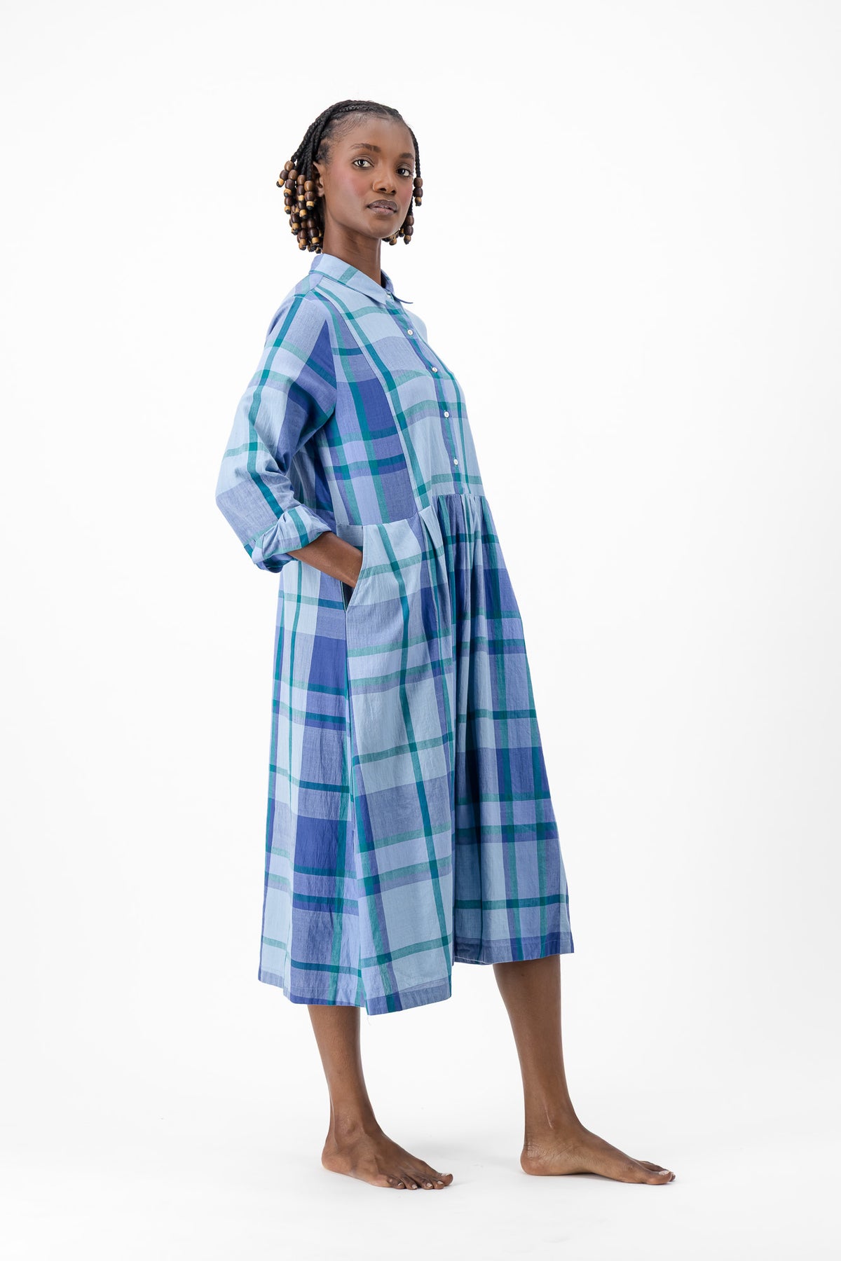 Long Sleeve Shirt Dress - Blue Check