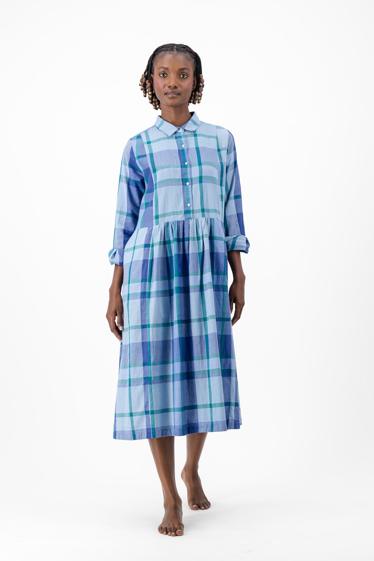 Long Sleeve Shirt Dress - Blue Check