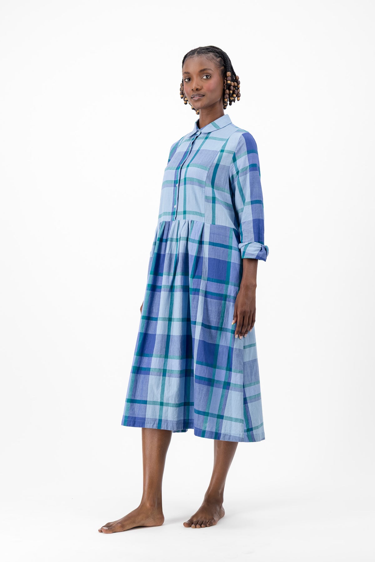Long Sleeve Shirt Dress - Blue Check