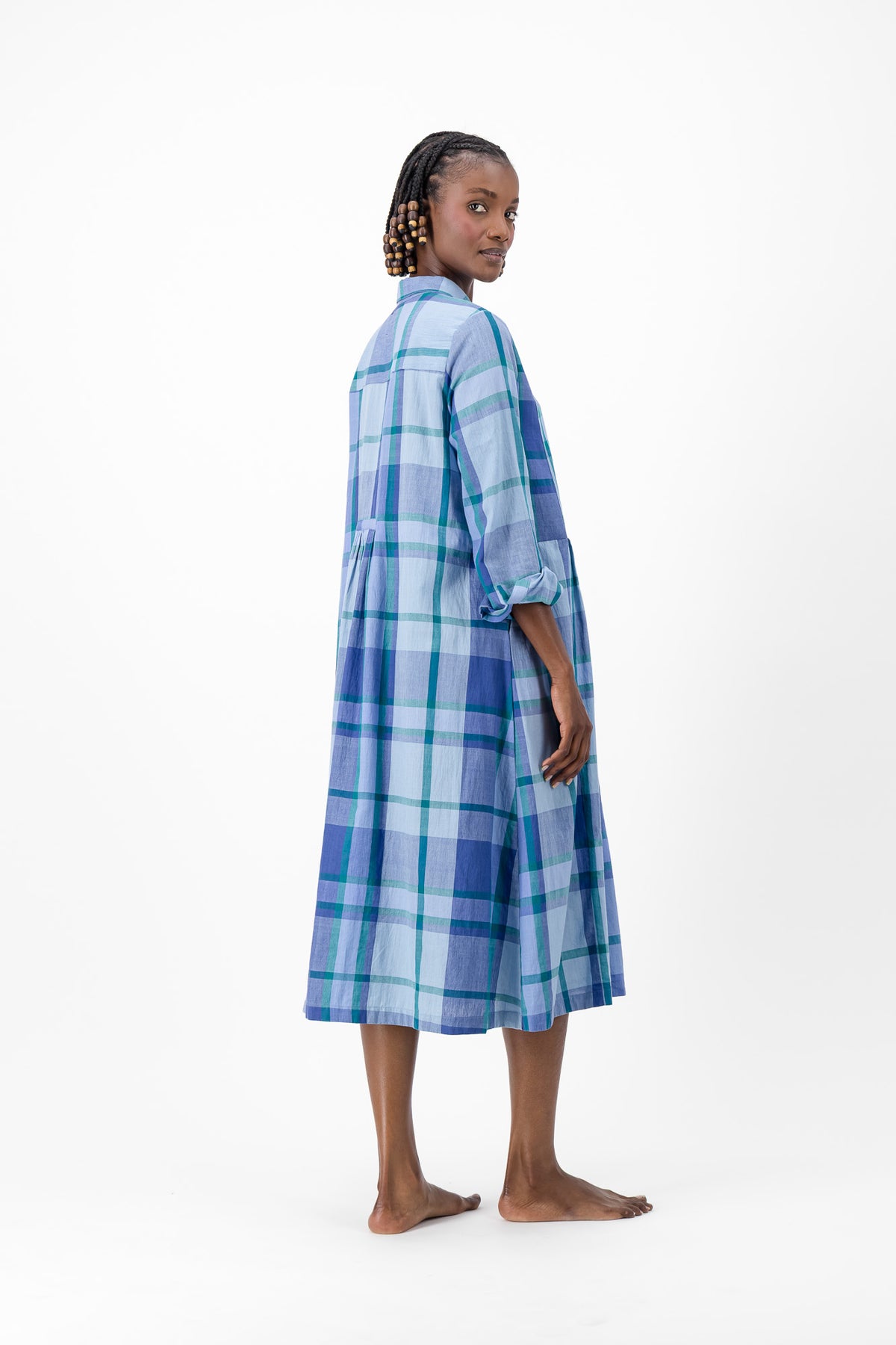 Long Sleeve Shirt Dress - Blue Check