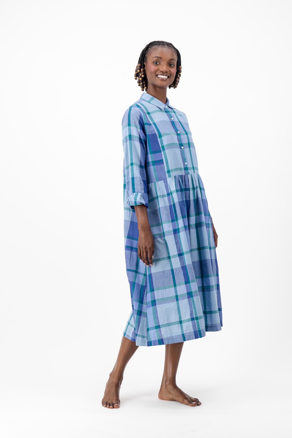 Long Sleeve Shirt Dress - Blue Check