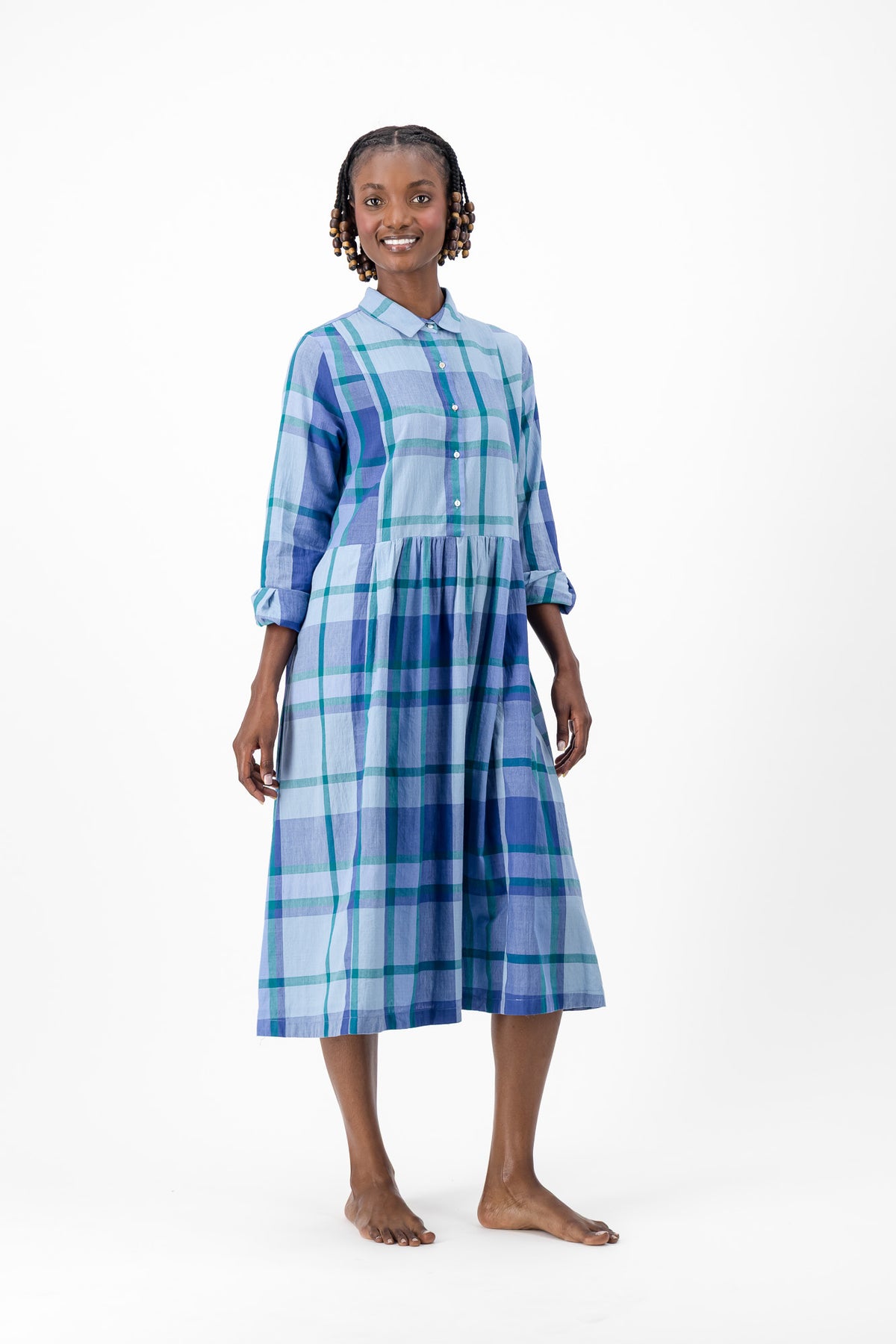 Long Sleeve Shirt Dress - Blue Check