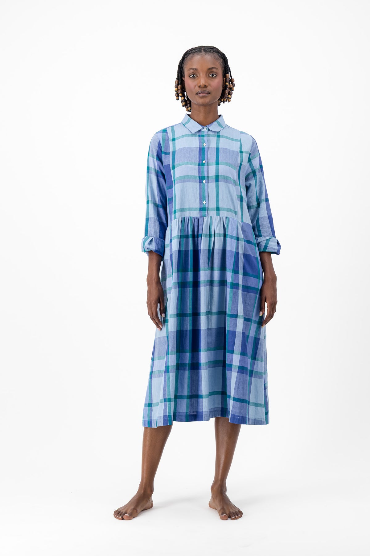 Long Sleeve Shirt Dress - Blue Check