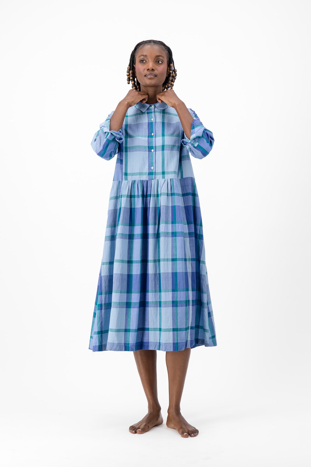 Long Sleeve Shirt Dress - Blue Check