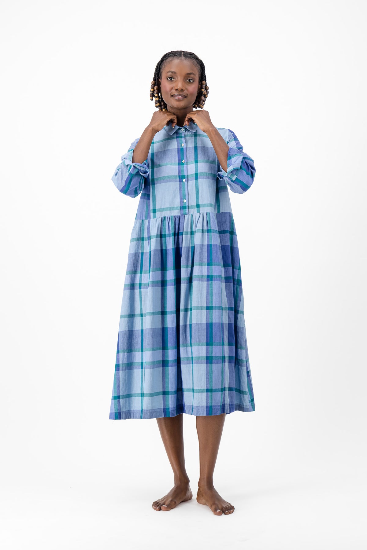 Long Sleeve Shirt Dress - Blue Check