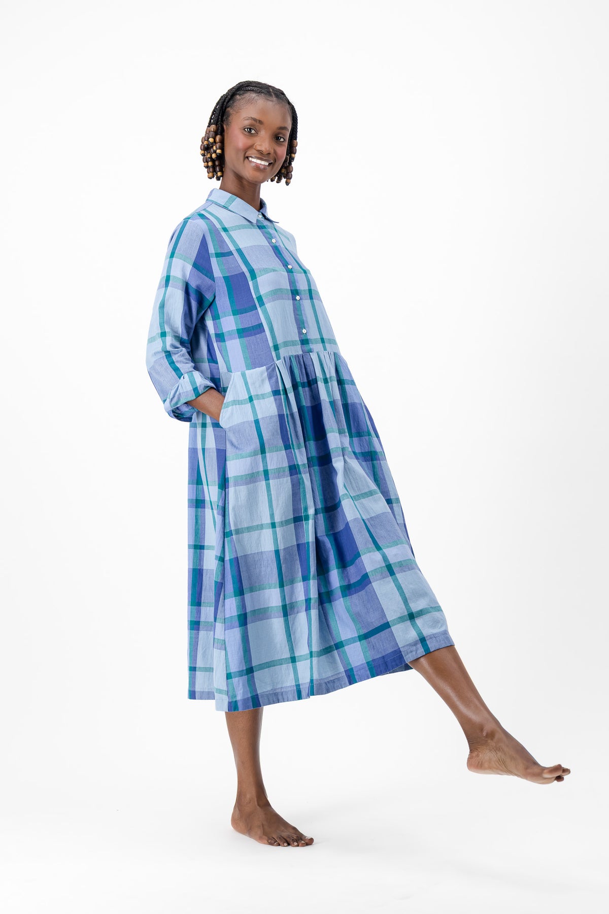 Long Sleeve Shirt Dress - Blue Check