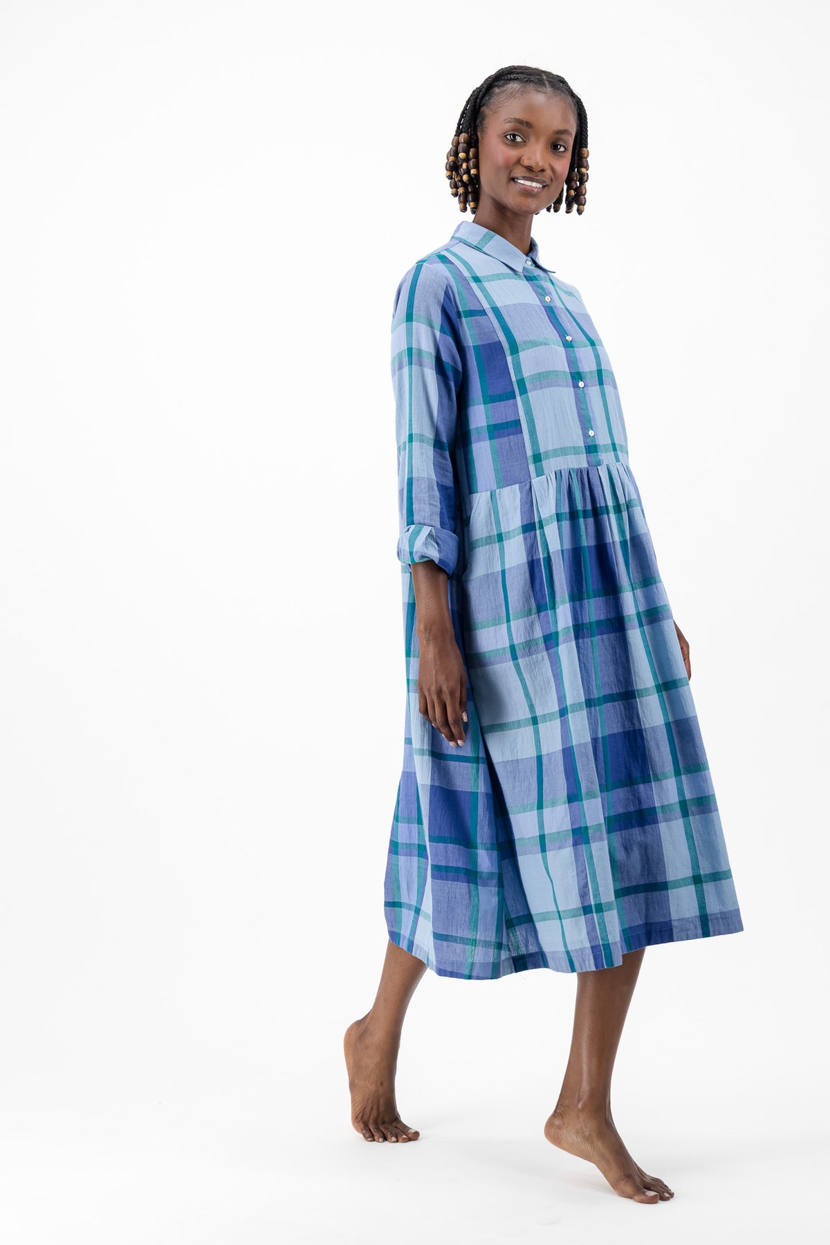 Long Sleeve Shirt Dress - Blue Check