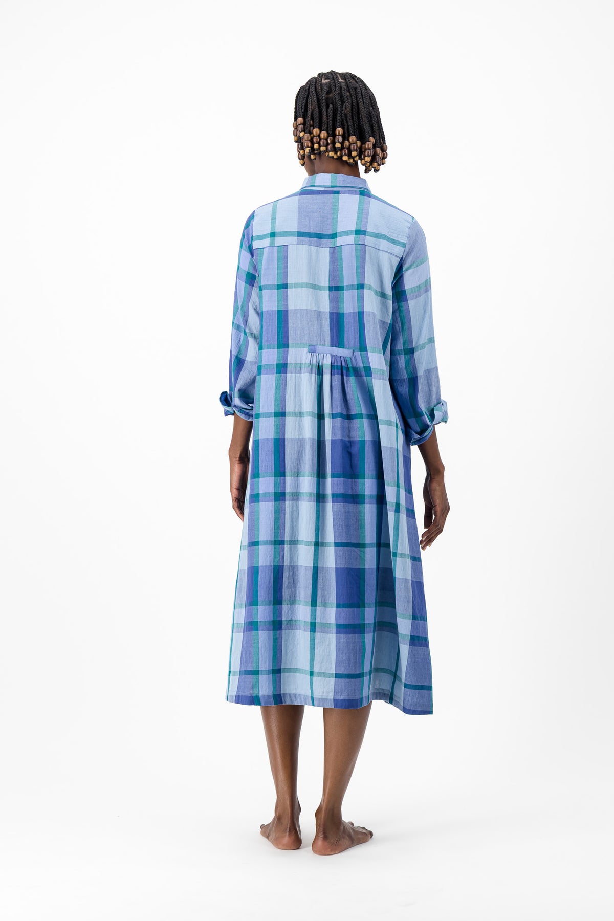 Long Sleeve Shirt Dress - Blue Check