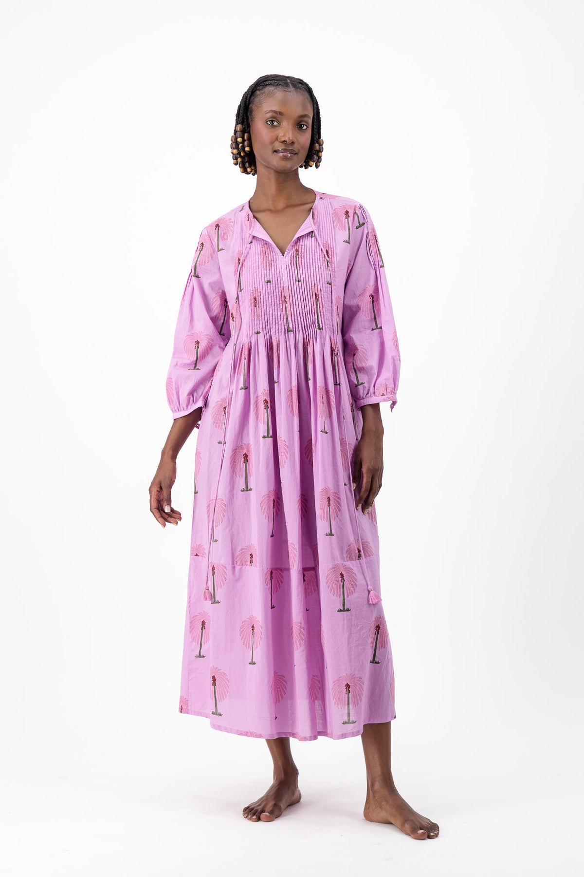 Long Pleated Kaftan - Lilac Palm