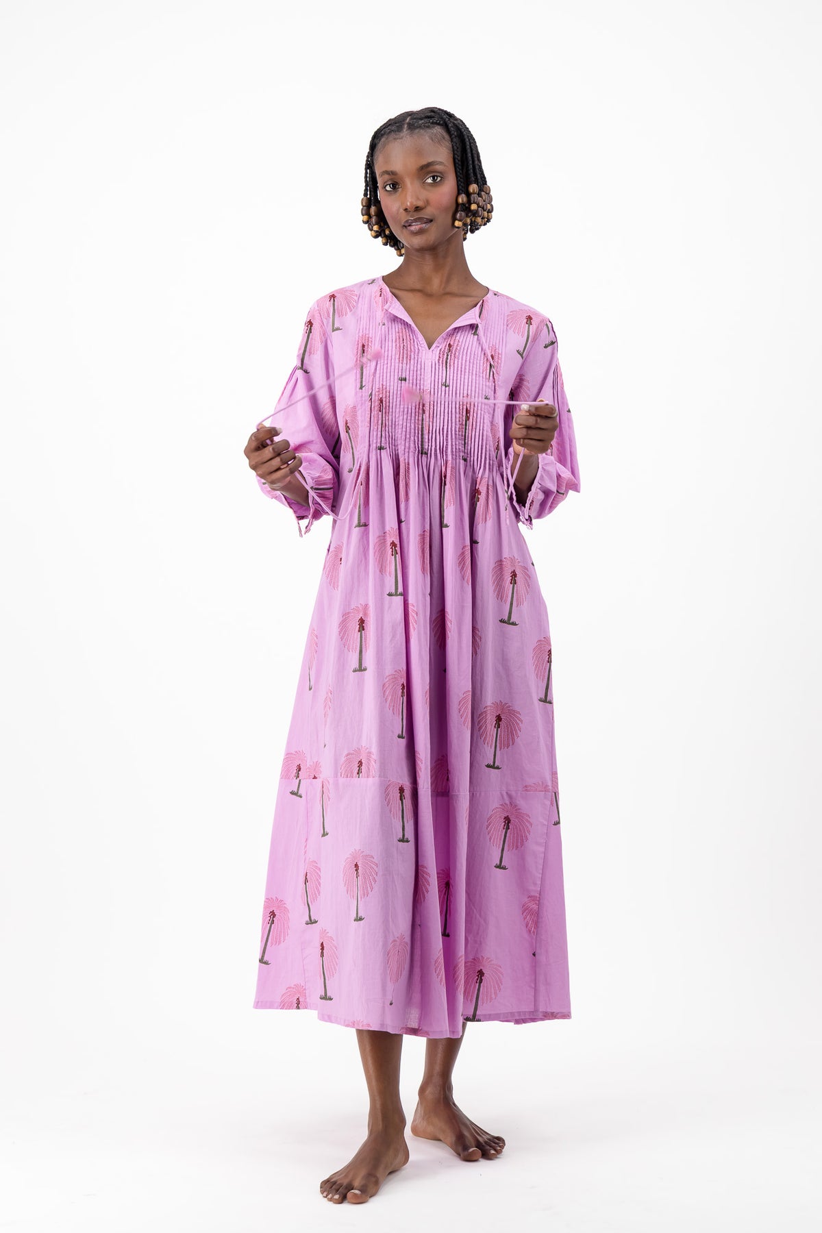 Long Pleated Kaftan - Lilac Palm