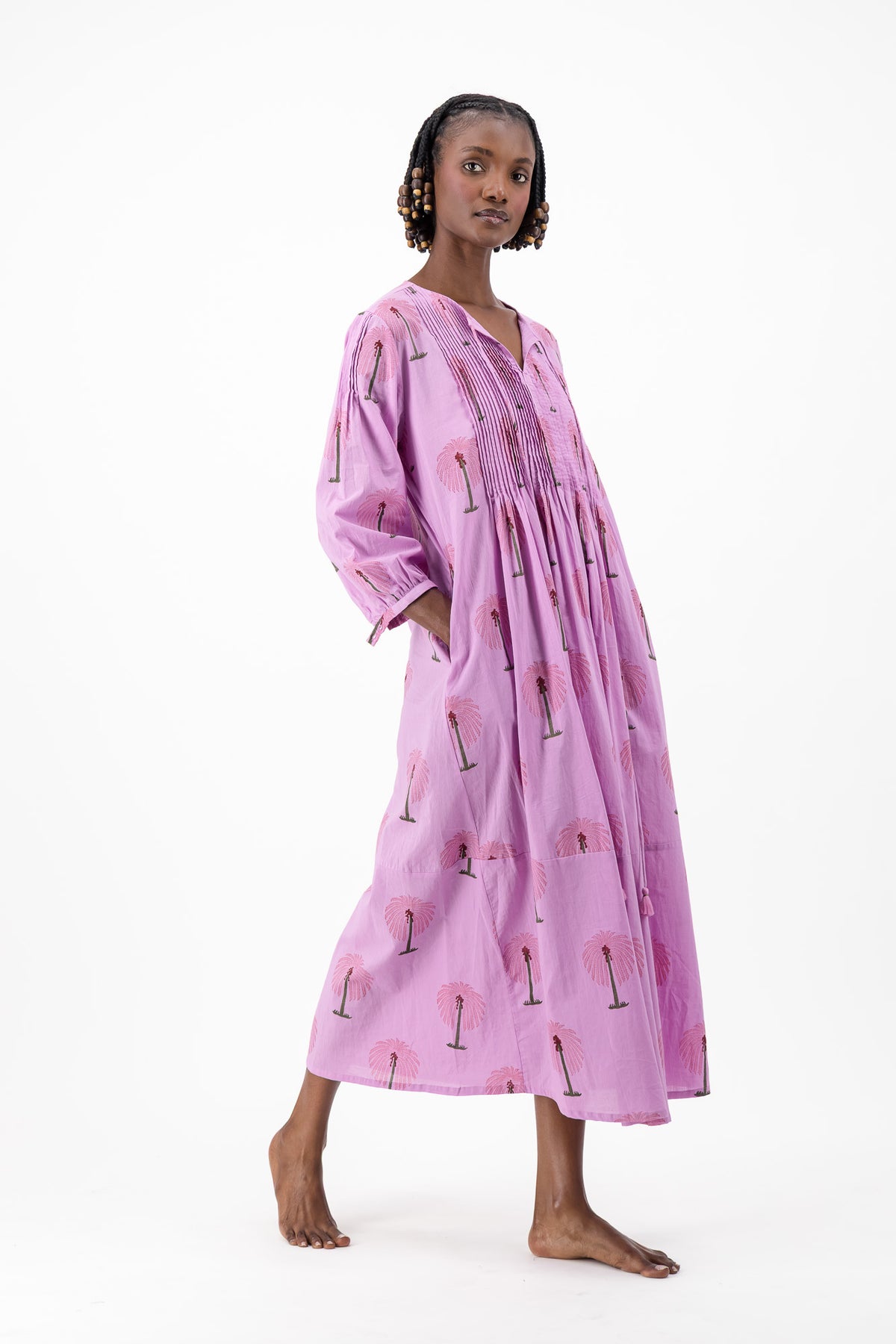 Long Pleated Kaftan - Lilac Palm