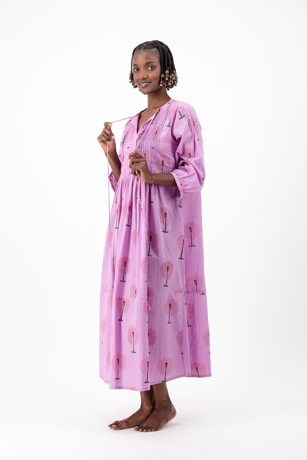 Long Pleated Kaftan - Lilac Palm