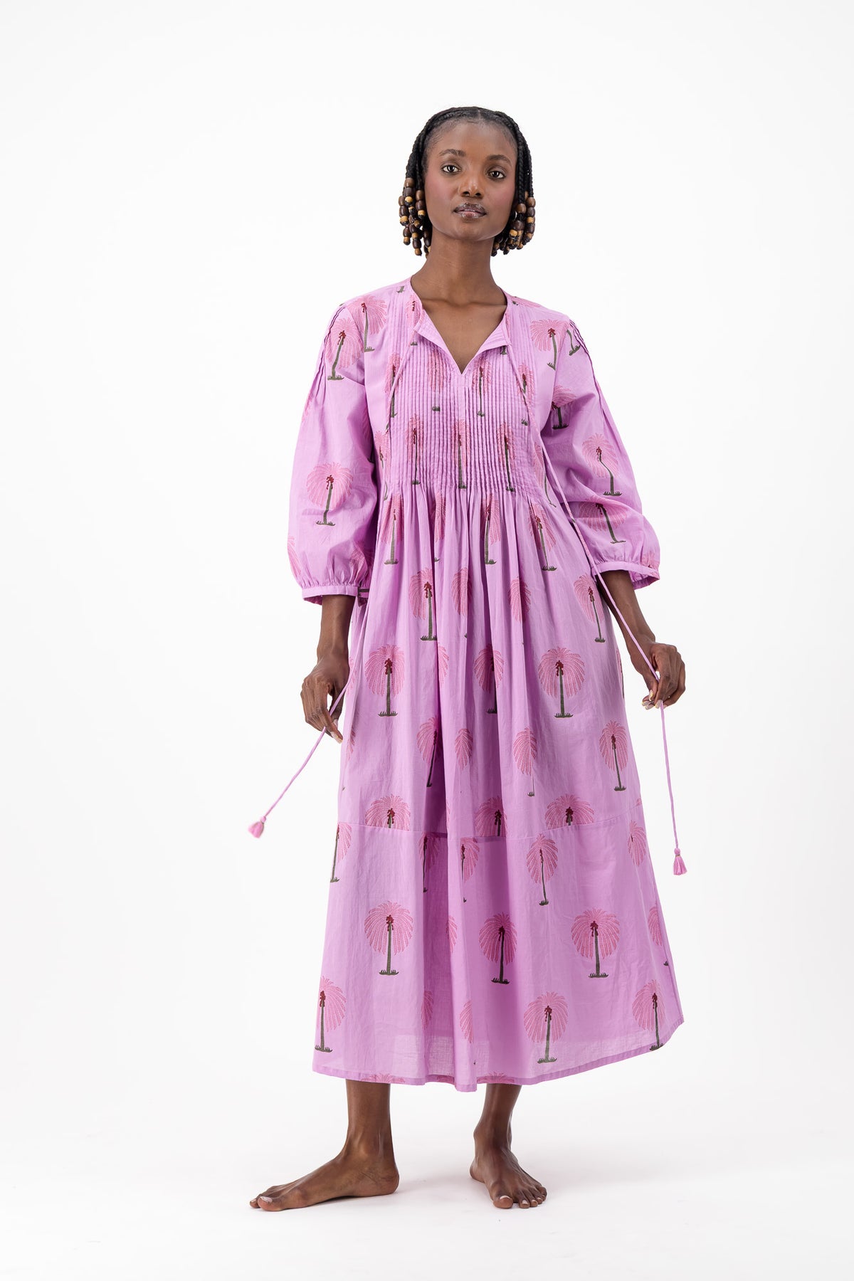 Long Pleated Kaftan - Lilac Palm
