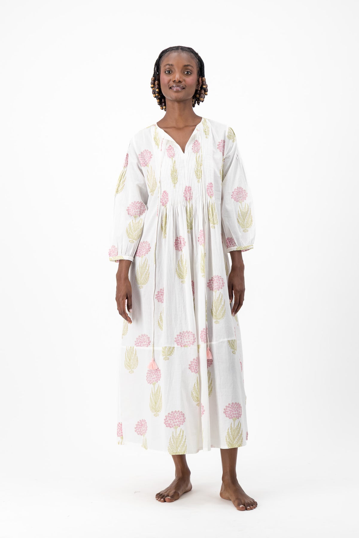 Long Pleated Kaftan - Pink Lace