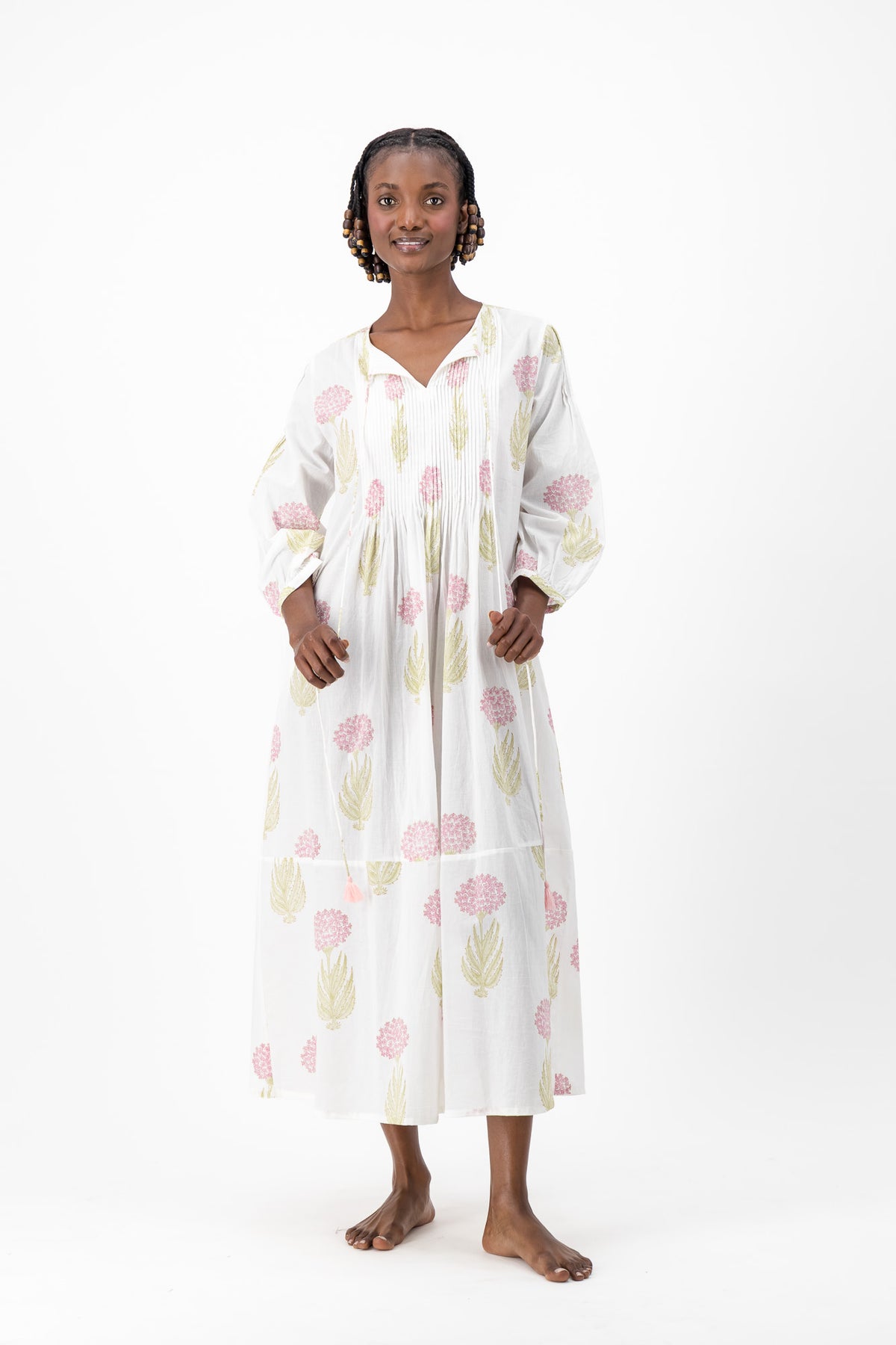 Long Pleated Kaftan - Pink Lace