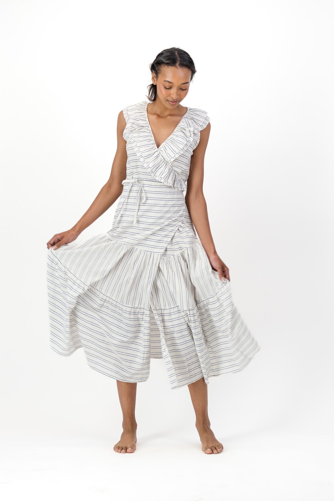 Frill Wrap Dress Handloom - Cream & Black Stripe