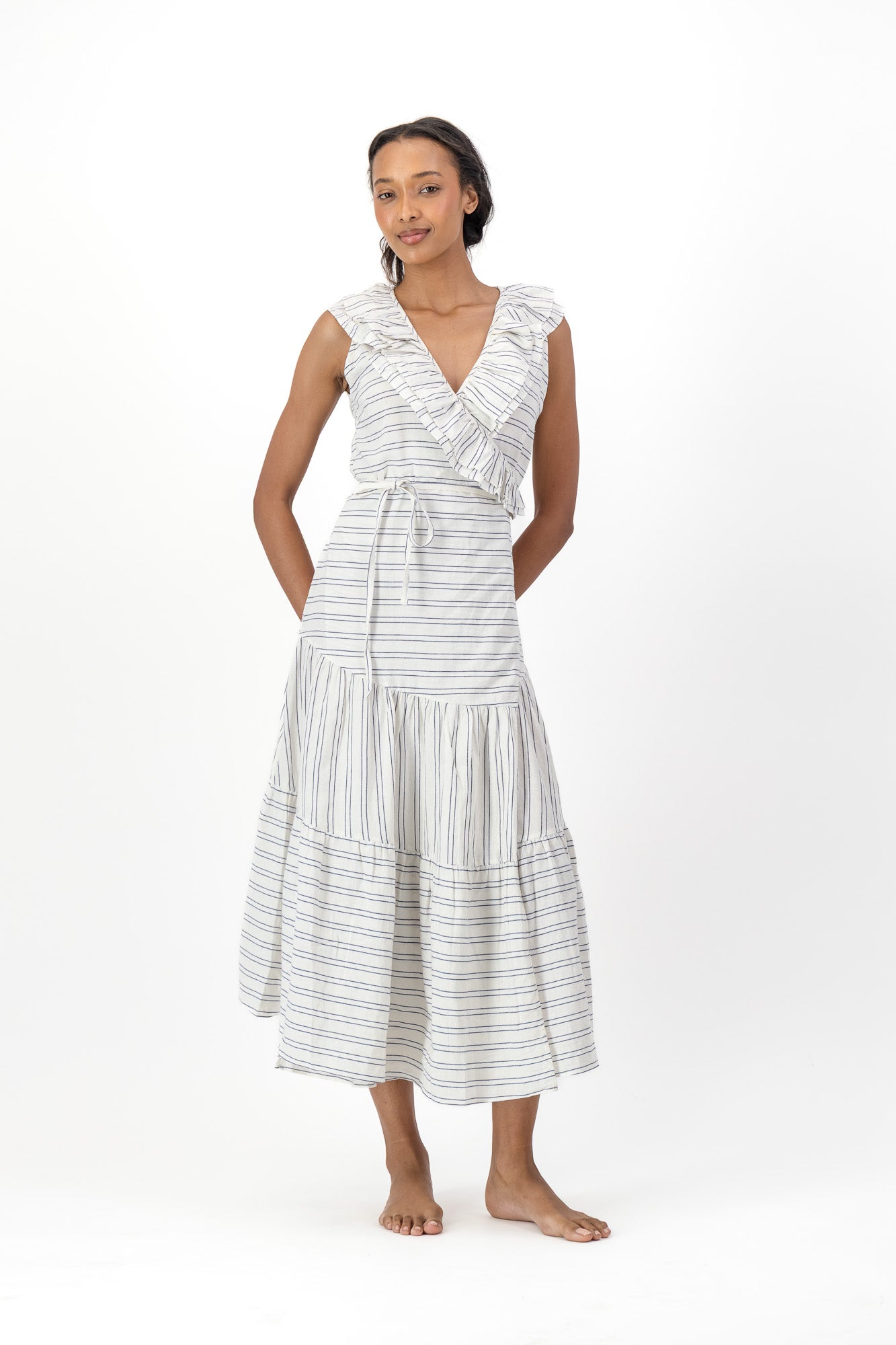 Frill Wrap Dress Handloom - Cream & Black Stripe