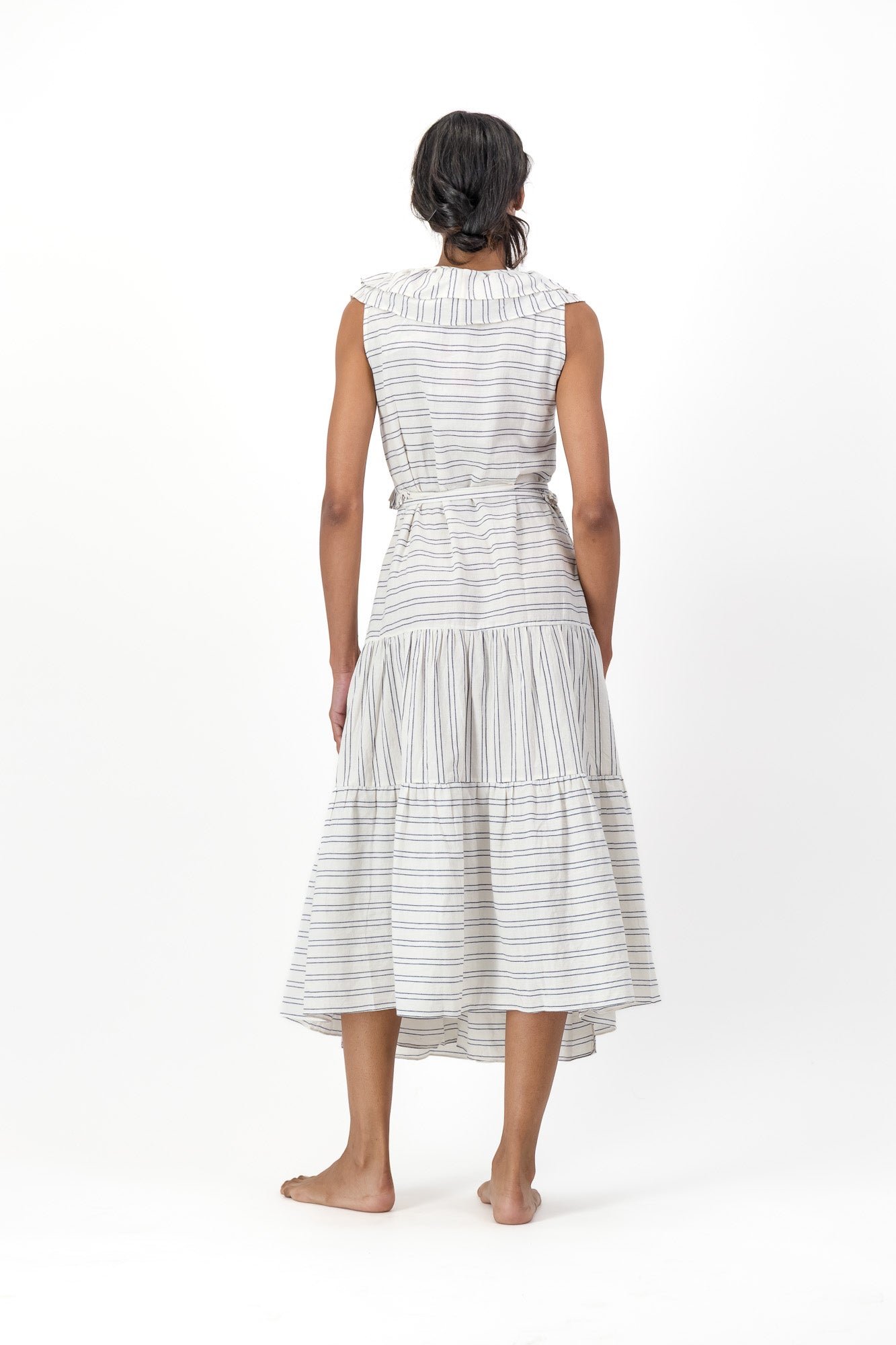 Frill Wrap Dress Handloom - Cream & Black Stripe