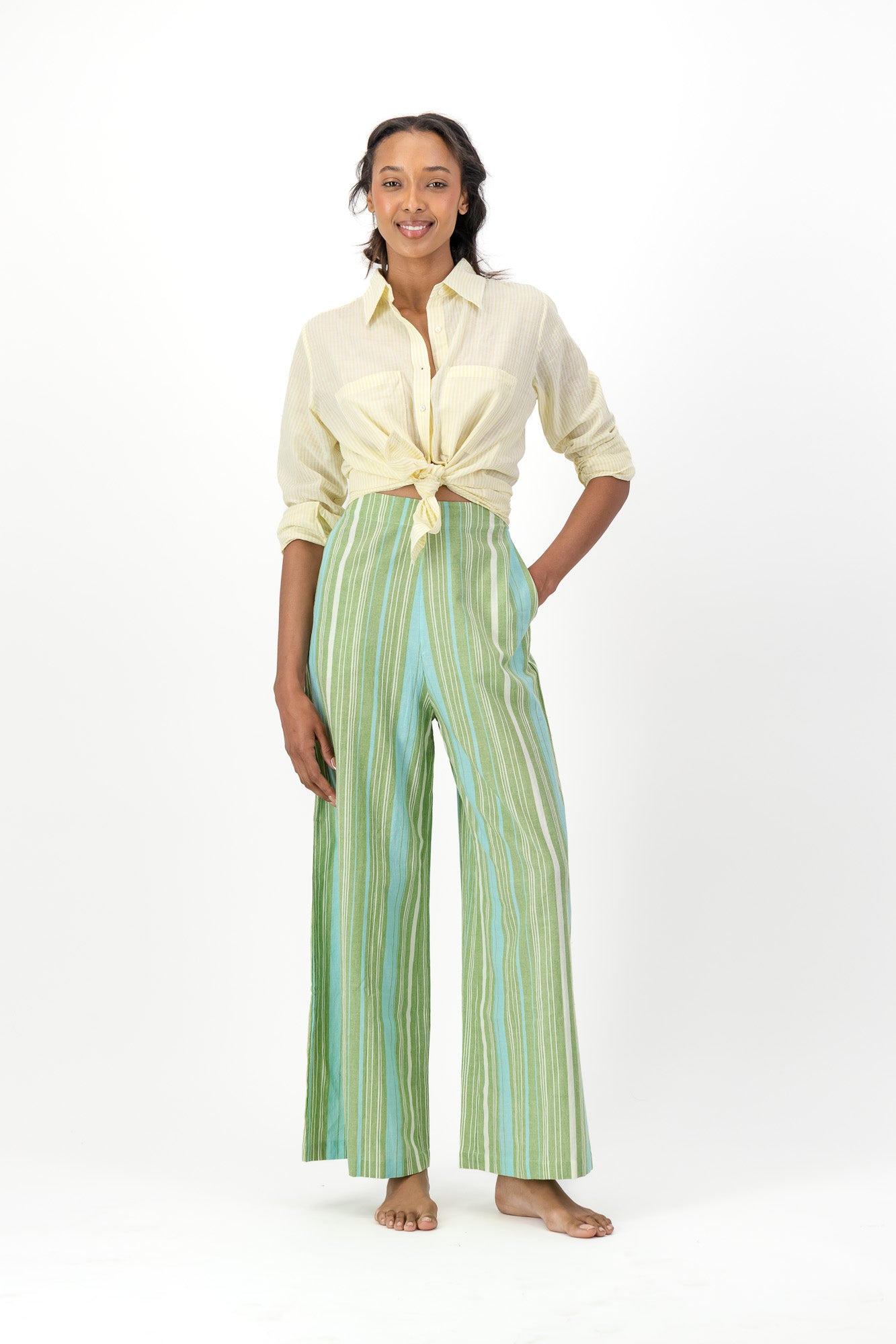 High Waisted Pants Handloom - Green & Blue Stripes