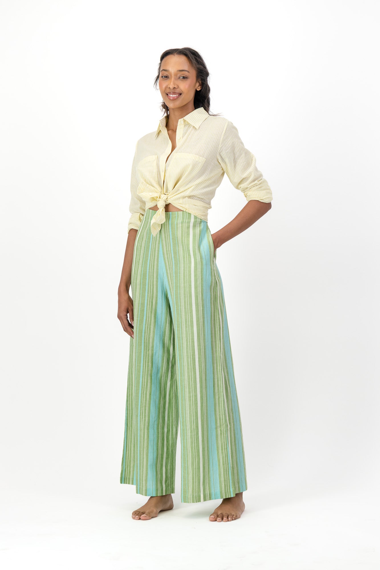 High Waisted Pants Handloom - Green & Blue Stripes