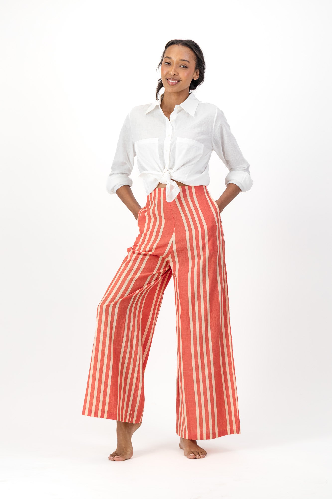 High Waisted Pants Handloom - Red & Cream Stripes