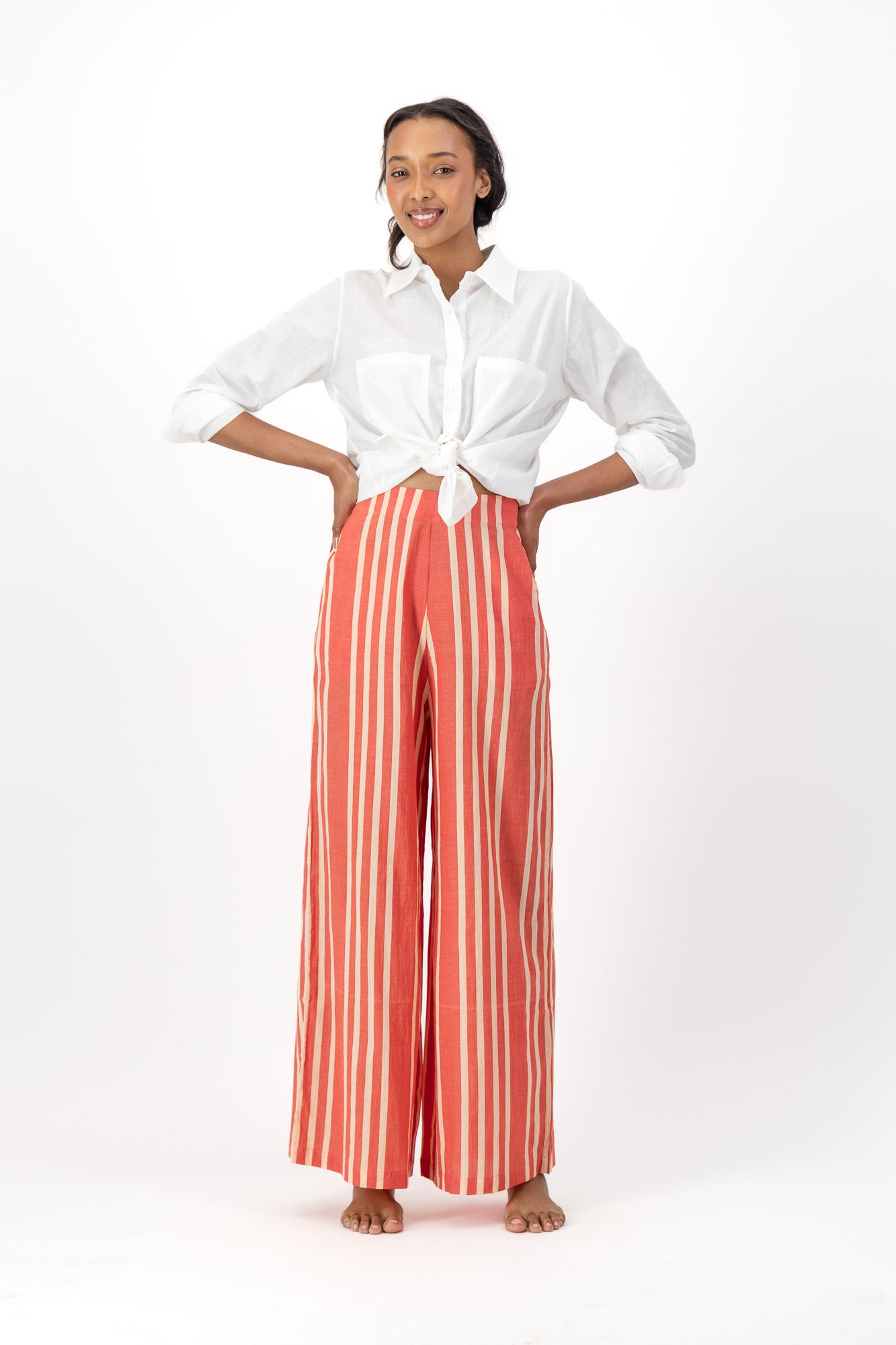 High Waisted Pants Handloom - Red & Cream Stripes