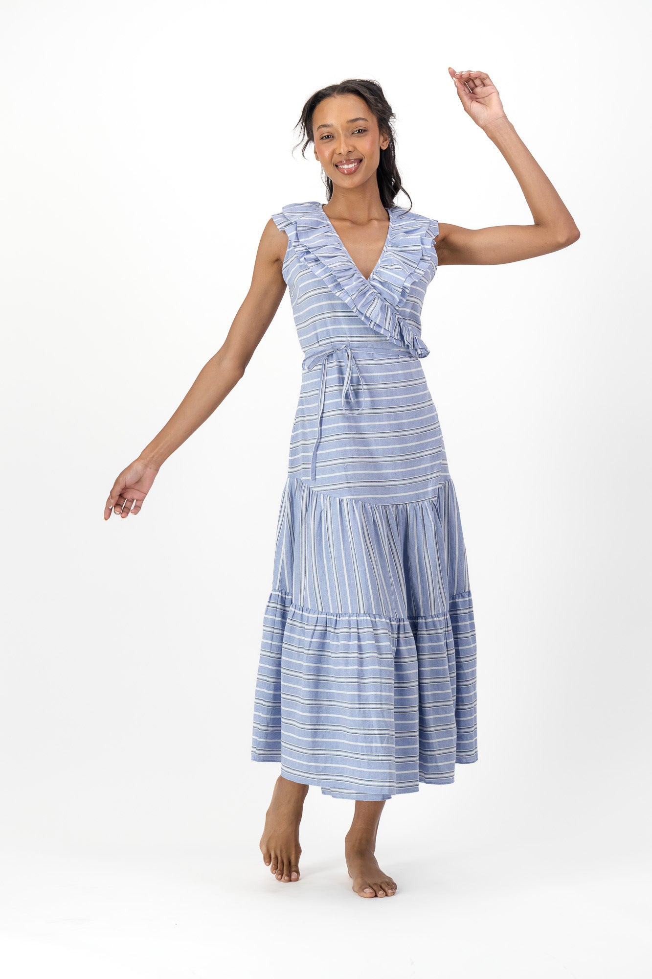 Frill Wrap Dress Handloom - Kentucky Stripe