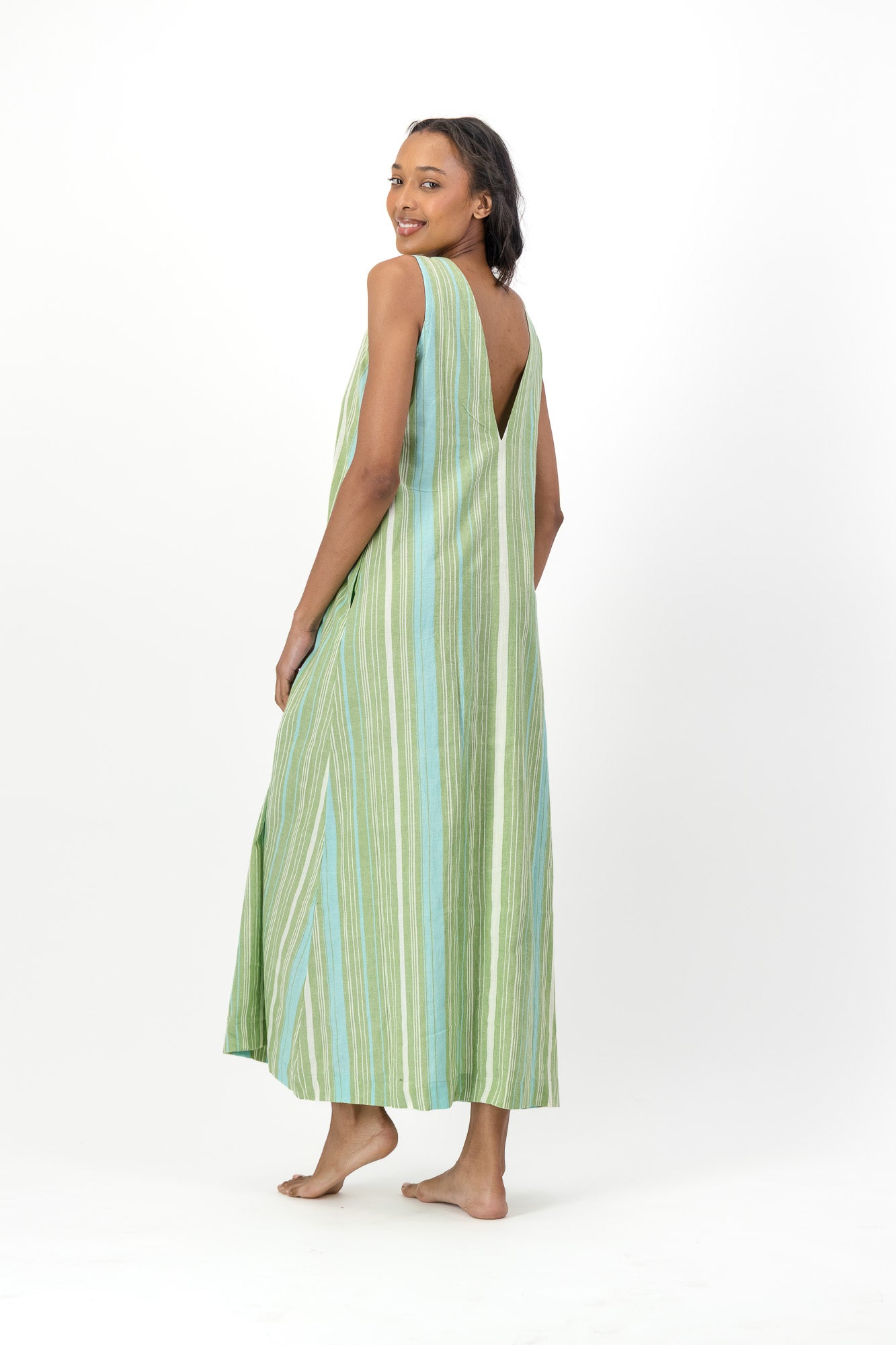 Freedom Dress Handloom - Blue & Green Stripe
