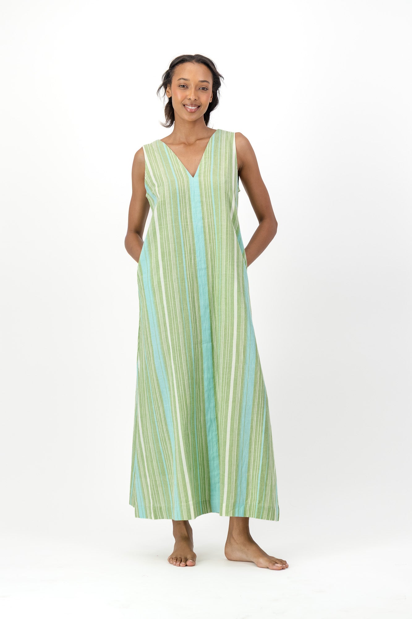 Freedom Dress Handloom - Blue & Green Stripe
